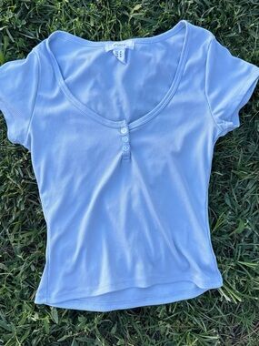 Light Blue Ribbed Scoop Neck Henley Top